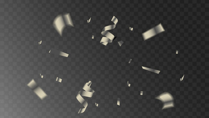 Elegant silver confetti streamer falling realistically against a transparent background for celebrations.