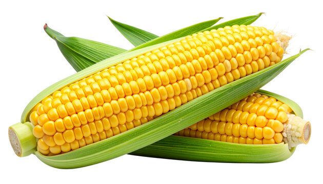 Fresh corn on the cob with bright yellow kernels and partially peeled green husk, fully isolated on a transparent PNG background.