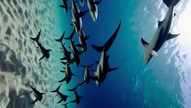 Hammerhead sharks swimming over a sandy seabed
