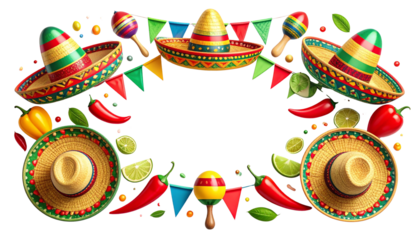 Festive Cinco de Mayo concept featuring colorful elements such as sombreros, maracas, chili peppers, and Mexican flags, creatively arranged and fully isolated on a white background