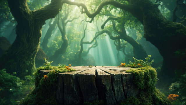 Wooden tree stump with moss and flowers in a lush green forest setting with sunlight beams shining through the trees