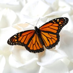 Fototapeta premium Monarch butterfly on white rose petals (1)