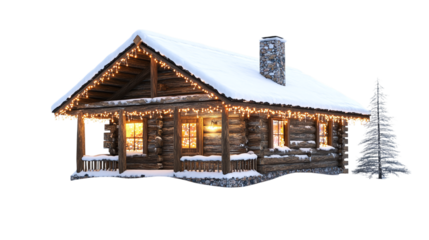• A snow-covered cabin with twinkling Christmas lights, isolated on white background in HD