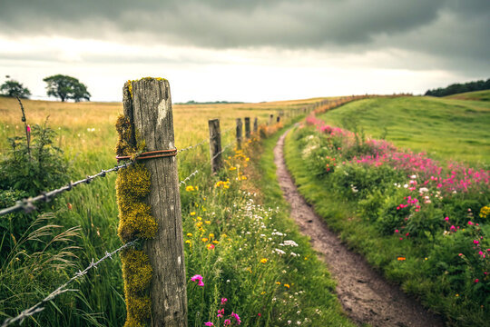 Rustic wooden fence post moss-covered by flowers and green grass path - Powered by Adobe