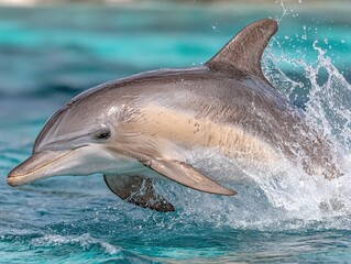 Obraz premium Close-up of a dolphin leaping energetically out of turquoise ocean waters, capturing its agility, playful nature, and the beauty of marine life in motion