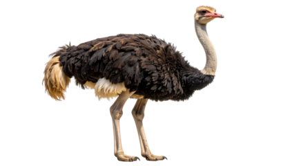 Realistic ostrich with detailed feathers, long legs, and upright posture, fully isolated on a transparent PNG background 
