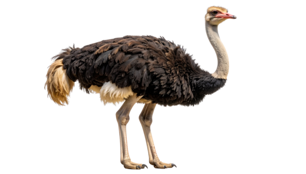 Realistic ostrich with detailed feathers, long legs, and upright posture, fully isolated on a transparent PNG background 