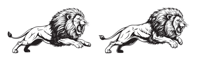 Two leaping roaring lions vector illustration
