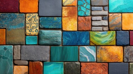 A vibrant mosaic artwork features colorful stone tiles in various shades of blue, green, orange, and brown, arranged in a rectangular pattern