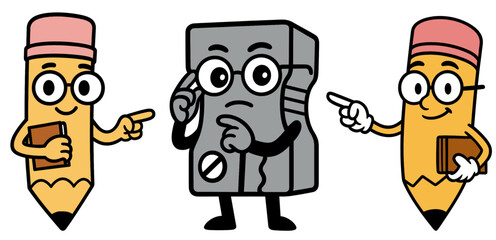 pencil sharpener with two pointing pencil characters with books