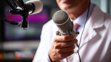 Medical professional delivering audio content via podcast or radio program for health education and informational purposes. Close-up on microphone.
