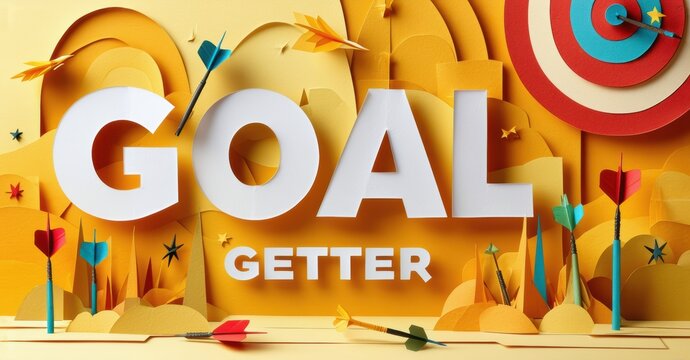 Papercraft illustration depicts goal getter message. Arrows fly toward targets, symbolizing achievement, success, motivation. Bright colors dominate scene.