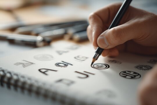 Hand sketching logo designs on notepad