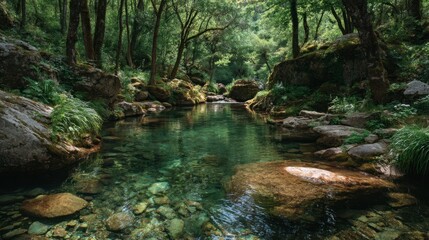 Serene Forest Creek with Clear Water and Lush Green Vegetation Scenery