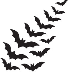 Fototapeta premium Whimsical Halloween Delight A Silhouette Procession of Playful Bats Ascending in Flight Against a Crisp White Canvas