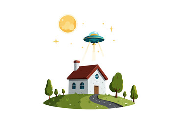 Cartoon UFO above house with trees and moon in the background  