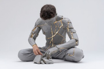 A person rebuilds a shattered statue of themself with golden seams, Kintsugi-style. This image symbolizes rebuilding identity and resilience after a crisis. Ideal for trauma, recovery