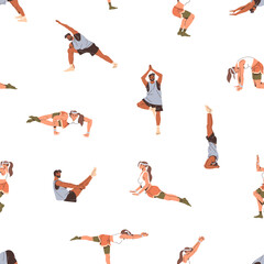 Repeatable pattern of people practicing yoga, standing and sitting in different poses, asanas. Endless background of man and woman training, doing sports exercises. Flat seamless vector illustration