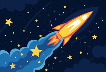 Rocket launching through space with stars and clouds in background  