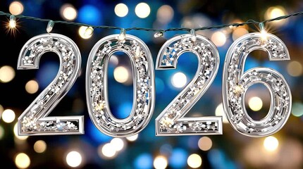 Shiny silver numbers 2026 illuminated with sparkling lights, hanging on a string against a blurred background of colorful bokeh, symbolizing celebration and the arrival of a new year - Powered by Adobe