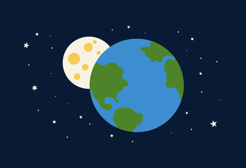 Naklejka premium Earth and Moon in space against a dark starry background 