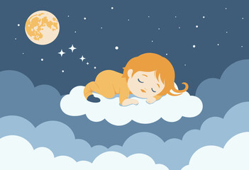 Young child sleeping peacefully on a cloud under a night sky  