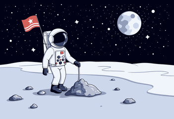 Astronaut planting flag on moon surface with stars and Earth visible  