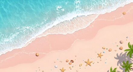 Tropical beach scene with pink sand, turquoise water, and palm trees.