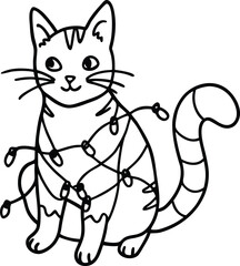 Fototapeta premium Cute cartoon vector art illustration of a domestic black kitten with a bow, funny feline animal character drawing