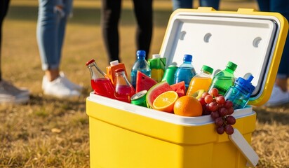Refreshing summer cooler filled with colorful drinks and fruit ready for a picnic with friends outdoors © random