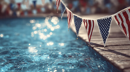 Festive poolside scene featuring patriotic-themed pennant flags and sparkling water, ideal for celebrating national holidays with a relaxed summer vibe.