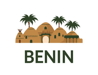Obraz premium Vector of Benin with traditional architecture, palm trees and tribal huts. Rural African culture and history concept.