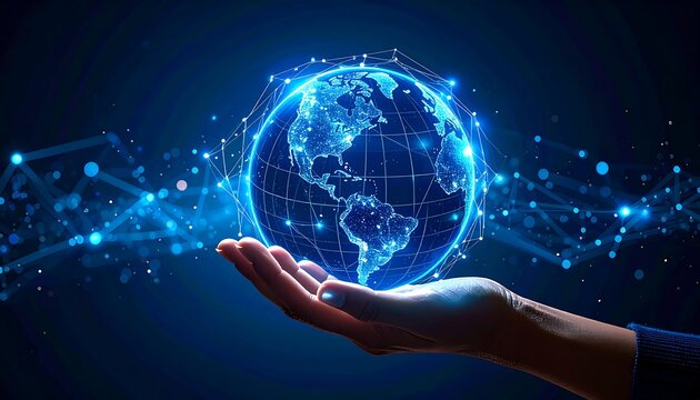 A hand holding a digital globe