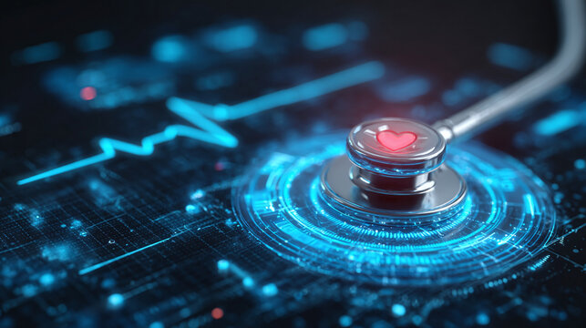 Digital health: stethoscope with heart symbol atop futuristic circuit design, symbolizing data-driven healthcare and cardiac monitoring technology.