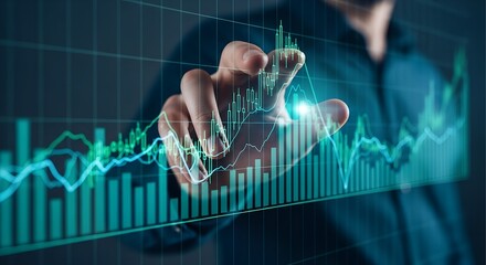 Close up of a person s hand interacting with a futuristic holographic financial stock market data graph displaying upward trends and analytics