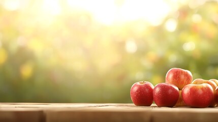Ripe red apples on a wooden table with a soft autumn background