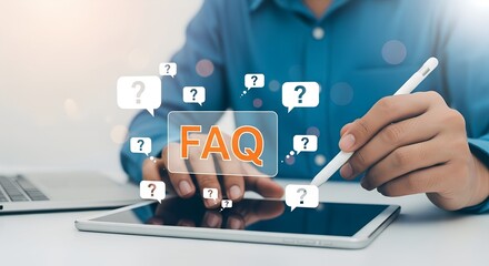 Person interacting with a digital interface displaying a faq section with question marks and chat bubbles on a tablet screen