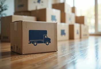 Stacked moving boxes with truck icons ready for efficient home or office relocation packaging