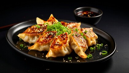 Pan-Fried Gyoza Dumplings on Black Plate