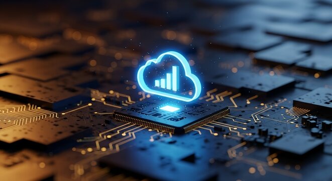 Digital cloud computing symbol with glowing neon outline and bar graph overlayed on a complex computer circuit board with bokeh background