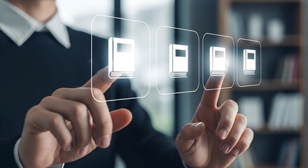 Person interacting with a futuristic transparent touchscreen displaying digital documents and data in a modern office environment