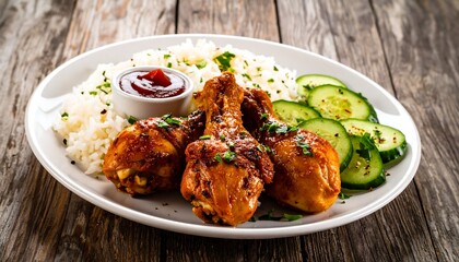 Roasted chicken drumsticks served with rice, cucumbers, and a side of sauce