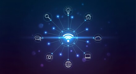 Abstract glowing blue digital network hub connecting various industry icons with light trails on a dark background