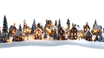 • A snowy Christmas village with tiny houses and lights, isolated on white background in HD
