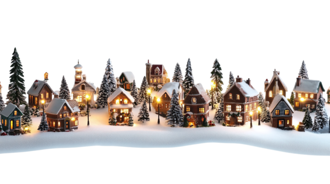 • A snowy Christmas village with tiny houses and lights, isolated on white background in HD 