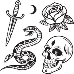 Black and White Traditional Tattoo Style Set with Skull, Snake, Dagger, Rose and Moon Elements