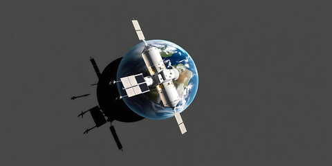 Space Station Orbiting Earth with Shadow Cast on Planet's Surface

