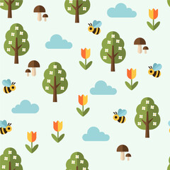 A clean, modern seamless pattern featuring flat design illustrations of trees, tulips, mushrooms, bees, and clouds on a light background.