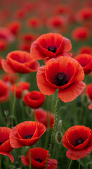 Fototapeta premium A scenic view of a field covered in red poppies, showcasing their vivid color and natural beauty in the sunlight. AI generative