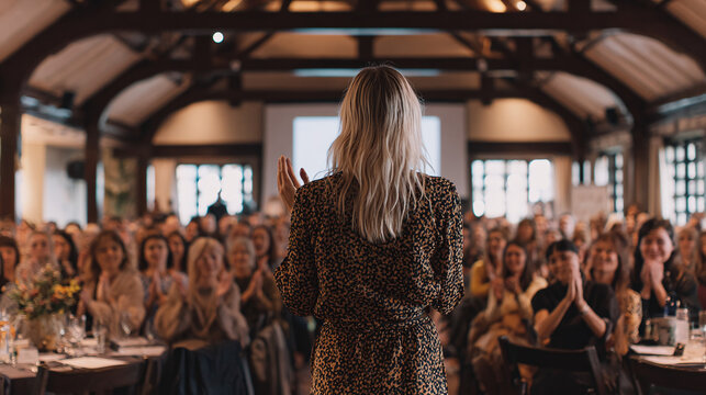 Speaker addressing an audience. View from behind of a woman standing in front of a crowd. Many women are clapping in foreground. Venue with wood beam ceiling